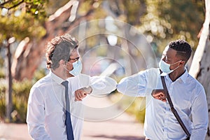 Covid greet, social distancing and elbow bump by business men meeting and greeting outdoors. Happy, friendly and excited