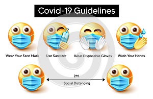 Covid-19 guidelines emoji vector design. Covid-19 guidelines text with smiley 3d characters wearing face mask, hand washing.
