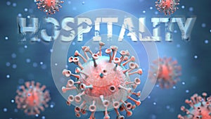 Covid and hospitality, pictured as red viruses attacking word hospitality to symbolize turmoil, global world problems and the