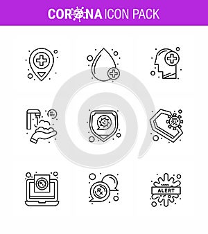 Covid-19 icon set for infographic 9 Line pack such as  safety, disease, healthcare, washing, protect hands