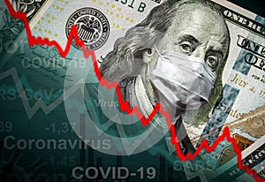 COVID-19 impacts to business: dollar money, mask and graph of stock market recession during coronavirus pandemic photo