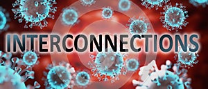 Covid and interconnections, pictured by word interconnections and viruses to symbolize that corona pandemic is related to it and