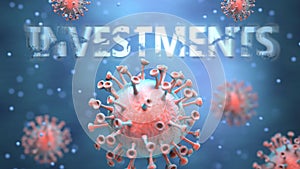 Covid and investments, pictured as red viruses attacking word investments to symbolize turmoil, global world problems and the