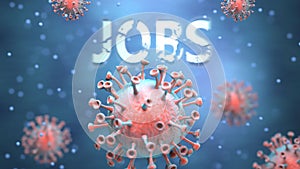Covid and jobs, pictured as red viruses attacking word jobs to symbolize turmoil, global world problems and the relation between