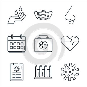 Covid line icons. linear set. quality vector line set such as coronavirus, diagnostic, heartbeat, calendary, runny nose