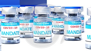 Covid mandate - vaccine bottles with an English label Mandate that symbolize a big human achievement that may end the fight with