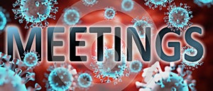 Covid and meetings, pictured by word meetings and viruses to symbolize that meetings is related to corona pandemic and that