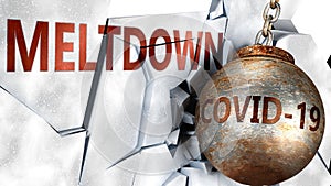 Covid and meltdown,  symbolized by the coronavirus virus destroying word meltdown to picture that the virus affects meltdown and