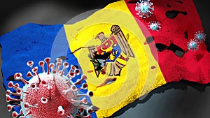 Covid in Moldova the Republic of - coronavirus attacking a national flag of Moldova the Republic of as a symbol of a fight and