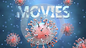 Covid and movies, pictured as red viruses attacking word movies to symbolize turmoil, global world problems and the relation