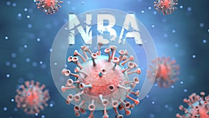 Covid and nba, pictured as red viruses attacking word nba to symbolize turmoil, global world problems and the relation between