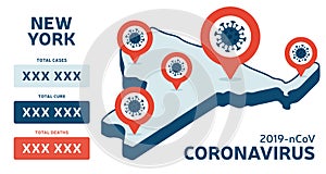 Covid-19 New York state USA isometric map confirmed cases, cure, deaths report. Coronavirus disease 2019 situation update