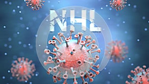 Covid and nhl, pictured as red viruses attacking word nhl to symbolize turmoil, global world problems and the relation between photo