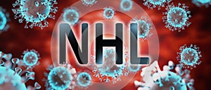 Covid and nhl, pictured by word nhl and viruses to symbolize that nhl is related to corona pandemic and that epidemic affects nhl