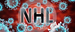 Covid and nhl, pictured by word nhl and viruses to symbolize that nhl is related to corona pandemic and that epidemic affects nhl photo