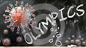 Covid and olympics - covid-19 viruses breaking and destroying olympics written on a school blackboard, 3d illustration