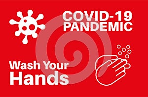 Covid-19 Pandemic - Wash your hands with virus and wash hands logo on a colourful red background