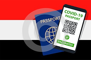 Covid-19 Passport on Egypt Flag Background. Vaccinated. QR Code. Smartphone. Immune Health Cerificate. Vaccination Document.