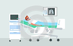 Covid patient man connected to medical lung ventilator