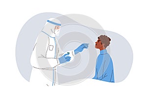 Covid PCR test. Black man patient during nasal swab for lab research, checking coronavirus. Corona virus diagnostic with