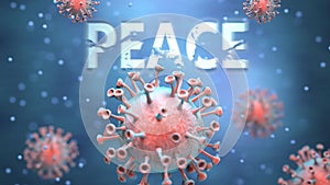 Covid and peace, pictured as red viruses attacking word peace to symbolize turmoil, global world problems and the relation between