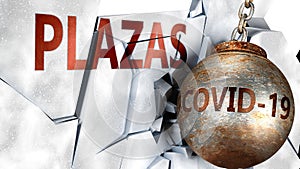 Covid and plazas,  symbolized by the coronavirus virus destroying word plazas to picture that the virus affects plazas and leads photo