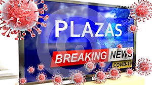 Covid, plazas and a tv set showing breaking news - pictured as a tv set with corona plazas news and deadly viruses around photo