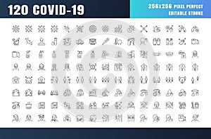 Covid-19 Prevention Line Outline Icons. Coronavirus, Social Distancing, Quarantine, Stay Home. 256x256 Pixel Perfect. Editable photo