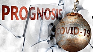 Covid and prognosis,  symbolized by the coronavirus virus destroying word prognosis to picture that the virus affects prognosis