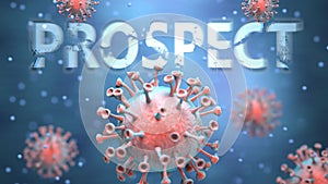 Covid and prospect, pictured as red viruses attacking word prospect to symbolize turmoil, global world problems and the relation