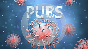 Covid and pubs, pictured as red viruses attacking word pubs to symbolize turmoil, global world problems and the relation between