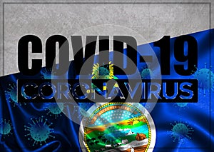 COVID-19 quarantine and prevention concept against the coronavirus outbreak and pandemic. Text writed with background of waving fl