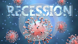 Covid and recession, pictured as red viruses attacking word recession to symbolize turmoil, global world problems and the relation