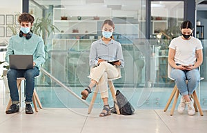 Covid, recruitment and people in waiting room social distancing and wearing face mask for safety from covid 19 virus