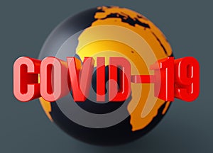 Covid-19 red glossy text and eath globe in background photo