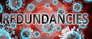 Covid and redundancies, pictured by word redundancies and viruses to symbolize that redundancies is related to corona pandemic and photo