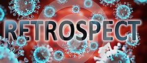 Covid and retrospect, pictured by word retrospect and viruses to symbolize that retrospect is related to corona pandemic and that