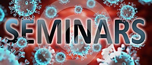 Covid and seminars, pictured by word seminars and viruses to symbolize that seminars is related to corona pandemic and that