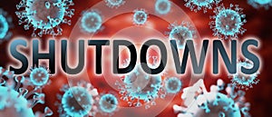 Covid and shutdowns, pictured by word shutdowns and viruses to symbolize that shutdowns is related to corona pandemic and that