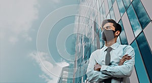 Covid-19 Situation in Business Concept. Businessman with Safety Mask standing in the City. Protected and Care of Health. Stressed photo