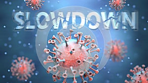 Covid and slowdown, pictured as red viruses attacking word slowdown to symbolize turmoil, global world problems and the relation photo