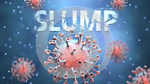 Covid and slump, pictured as red viruses attacking word slump to symbolize turmoil, global world problems and the relation between