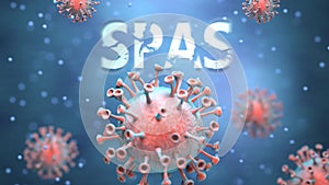 Covid and spas, pictured as red viruses attacking word spas to symbolize turmoil, global world problems and the relation between