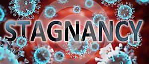 Covid and stagnancy, pictured by word stagnancy and viruses to symbolize that stagnancy is related to corona pandemic and that photo