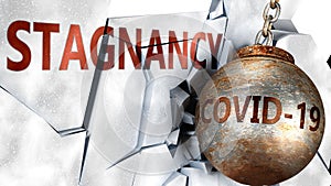 Covid and stagnancy,  symbolized by the coronavirus virus destroying word stagnancy to picture that the virus affects stagnancy photo