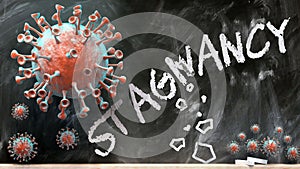 Covid and stagnancy - covid-19 viruses breaking and destroying stagnancy written on a school blackboard, 3d illustration photo