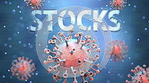 Covid and stocks, pictured as red viruses attacking word stocks to symbolize turmoil, global world problems and the relation
