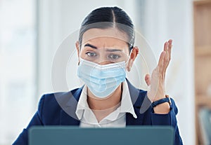 Covid, stress and a business woman at a laptop with face mask. Risk, compliance and corporate frustration, angry and
