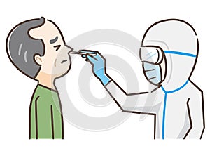 Covid test, doctor collects nose mucus by swab sample for covid-19 infection, patient being tested, lab analysis, medical checkup