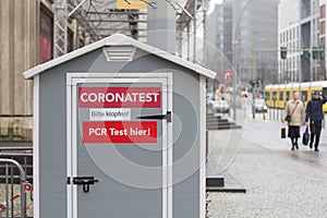 Covid testing site for PCR test. Mobile quick testing site for corona virus on the streets of Germany